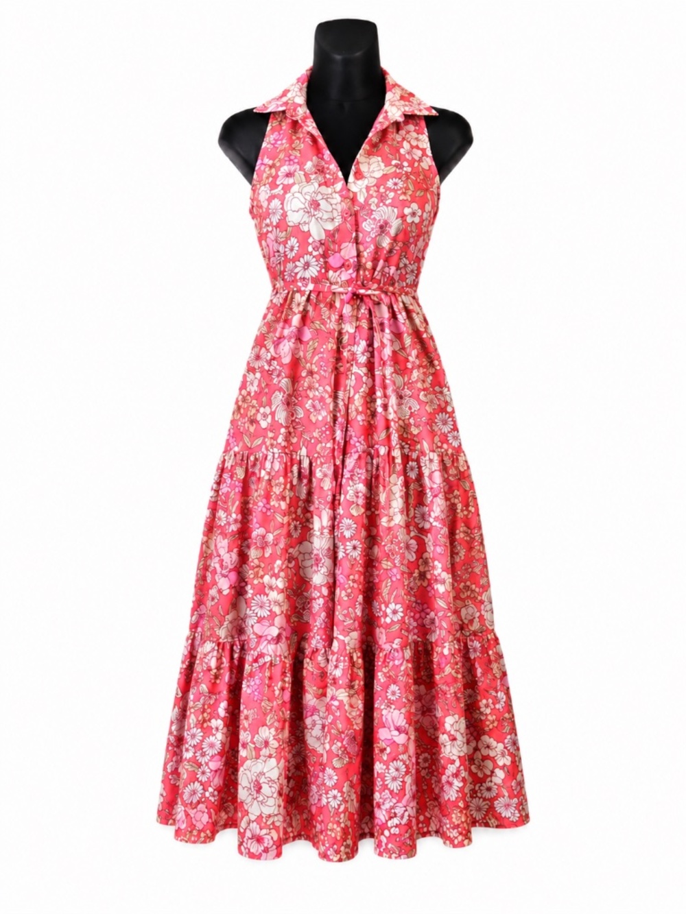 B.O.G. Collective Coral Pink Floral Tiered Belted Midi Dress Size Small